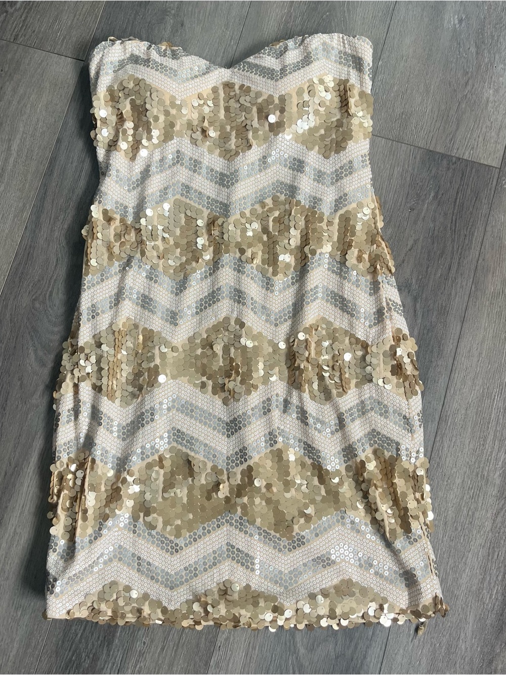 As U Wish Gold Sequin Strapless Mini Dress Chevron Party Size Large